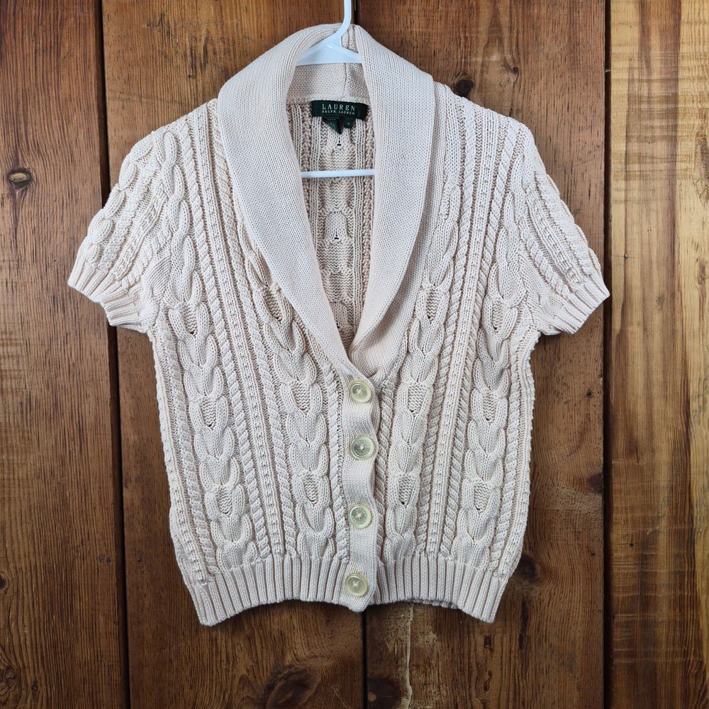 Lauren Ralph Lauren Cream Cable Knit Shawl Collar Short Sleeve Cardigan Medium